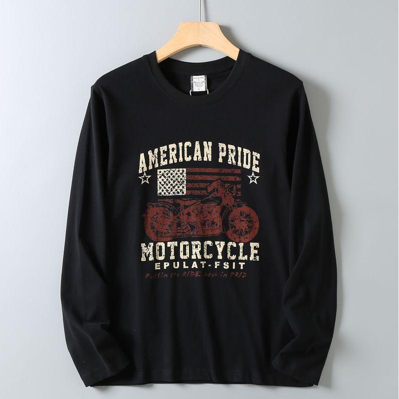 Men's Autumn Base Layer Cotton Brushed Print Motorcycle Retro Trendy Versatile Long-Sleeve T-Shirt