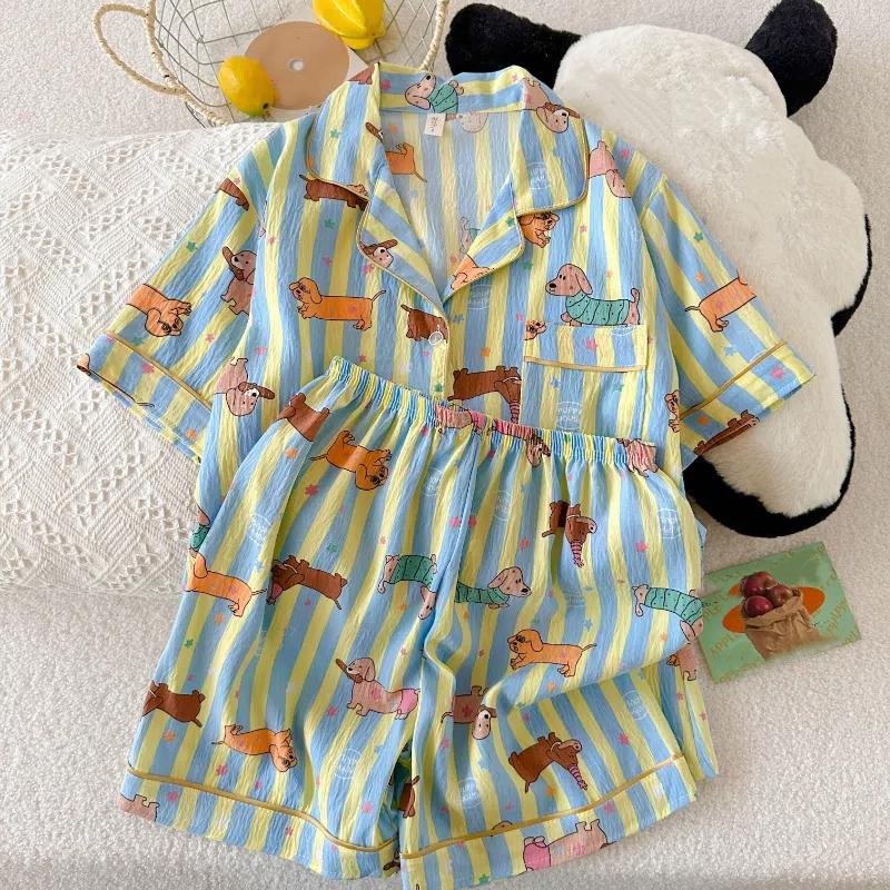 Star Striped Dog Print Kawaii Pajamas for Women Y2K Fashion Lapel Neck Women's Pajamas Summer Sweet Cute Home Wear Woman