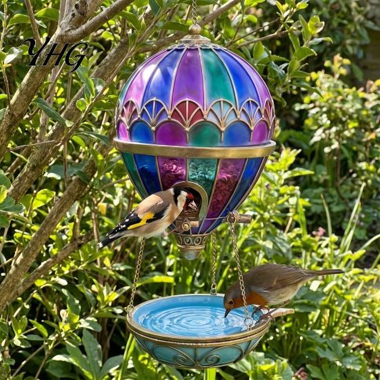 Iridescent Garden Accent Stained Glass Hot Air Balloon Bird Feeder Fountain, Hanging with Water Fountain Decorative Tray, Vintage Bronze Outdoor Decor