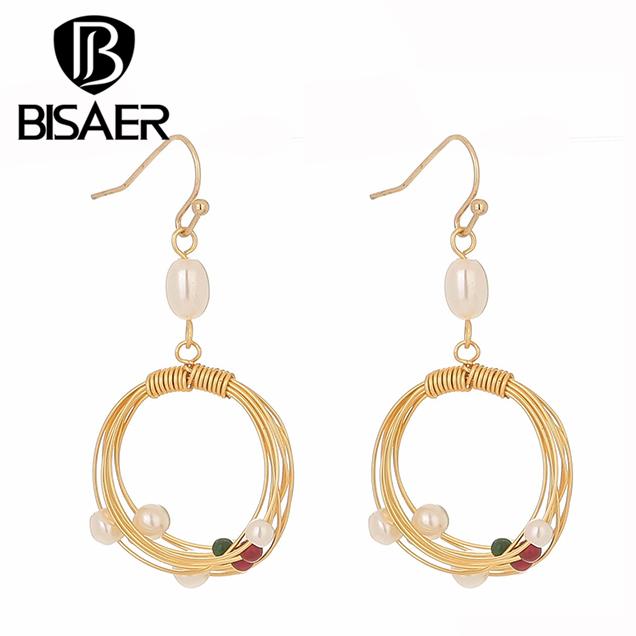 Bisaer Exquisite Elegant Imitation Pearls Circle Stud Earrings for Women Jewelry