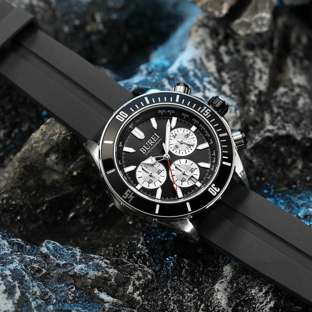 Часы Аналоговый хронограф Кварцевые часы Уретановый ремень Водонепроницаемые Дата Черные часы Подарочные [BUREI] Мужские Мужские Мужские