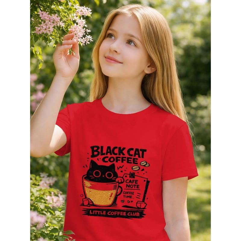 European sizes Girl's Coffee Cup Black Cat Pattern Short-Sleeve T-Shirt, Kids' Summer Casual Top, Comfortable and Versatile