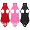 Womens Patent Leather Bodysuit Halter Neck Cutout Design Crotchless Backless One Piece Clubwear Sultry Outfit