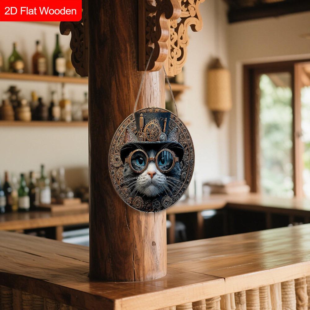 Ретро Деревянная Табличка с Рисунком Крутого Кота - Уникальные Настенные Фронтоны - Идеально для Входной Двери, Двора, Настенного Декора