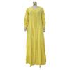QICED Women's Summer Autumn Bohemia Solid Color V-neck Loose Long-sleeved Cotton Linen Dress