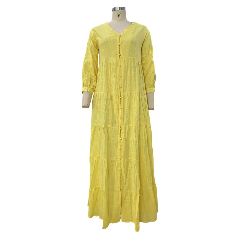QICED Women's Summer Autumn Bohemia Solid Color V-neck Loose Long-sleeved Cotton Linen Dress