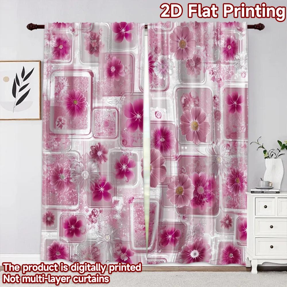 2D flat printing 2pcs Curtain Curtains Spring Floral Squares Digital Printed Polyester Drapes Family Party Decoration for