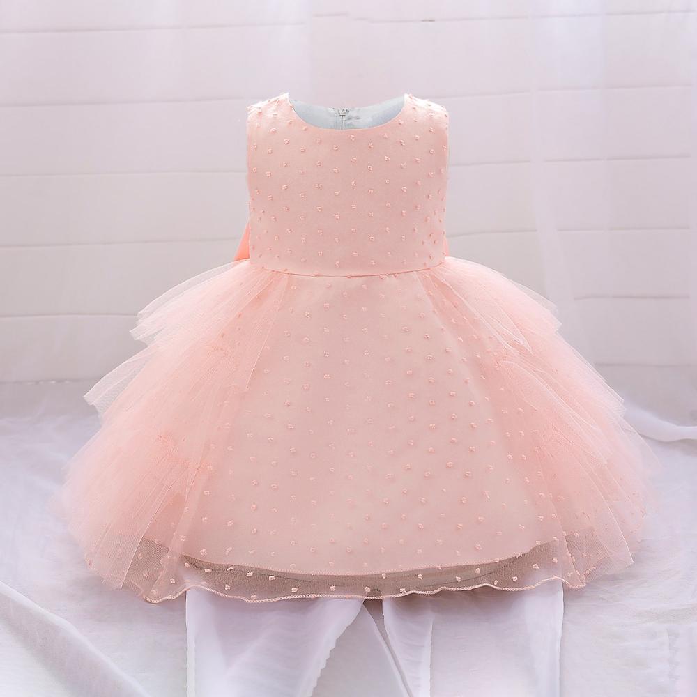Платье с бантом для маленьких девочек, кружевные детские праздничные платья в горошек для первого дня рождения для новорожденных, розовая одежда принцессы для девочек