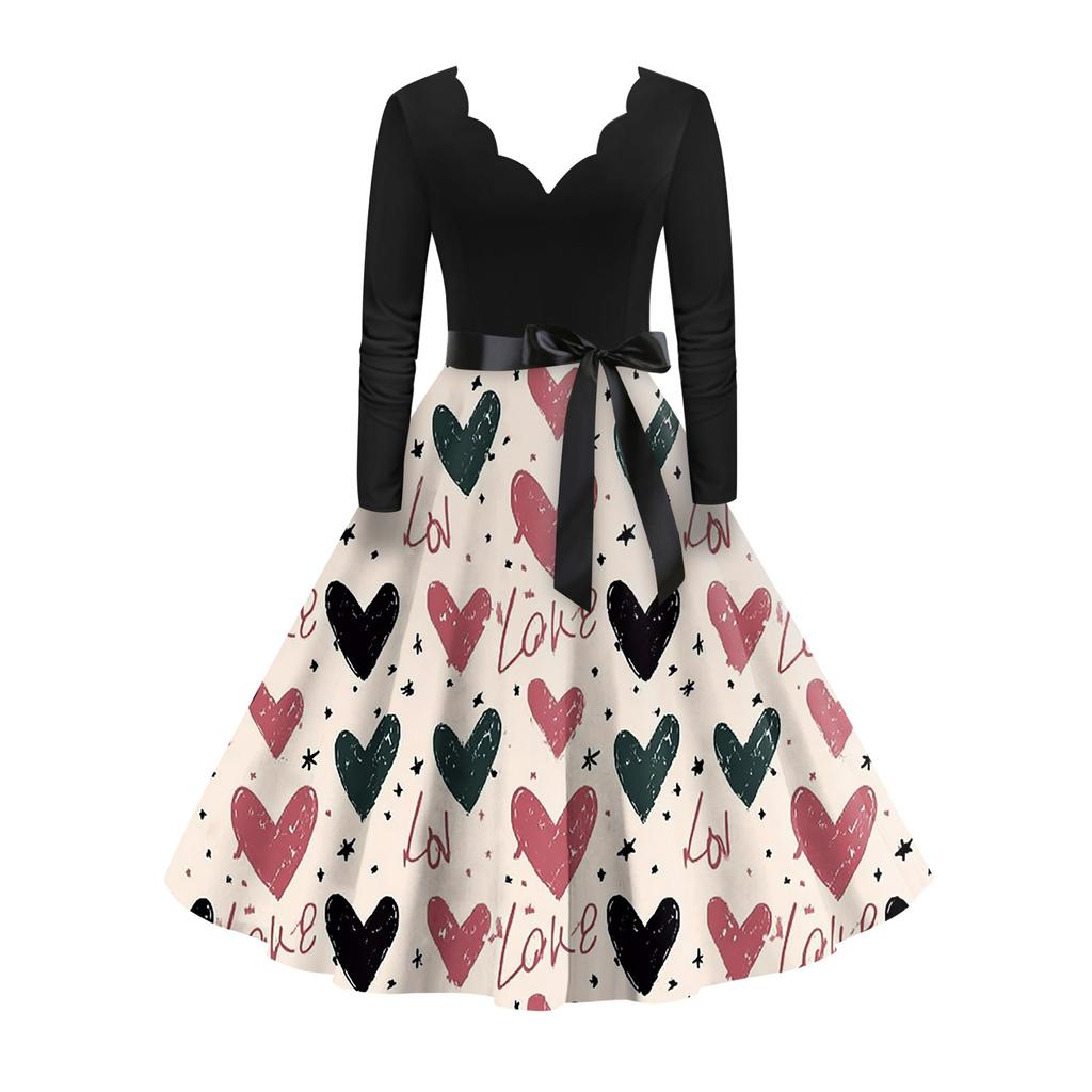 Стильное и элегантное женское платье с длинными рукавами и V-образным вырезом в форме сердца ко Дню святого Валентина