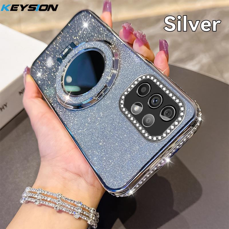 KEYSION Luxury Glitter Jewelled Magnetic Phone Case for Samsung Galaxy A52 S 5G A32 4G Makeup Mirror Stand Shockproof Back Cover