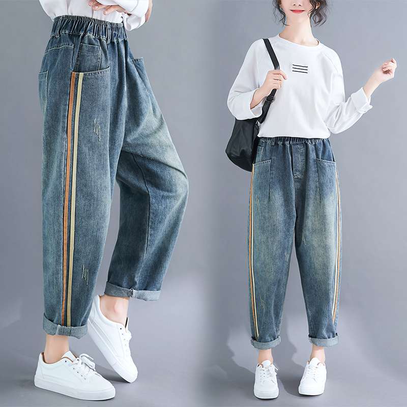 Светло-голубые мешковатые джинсы-шаровары Mom Elastic Capri Denim Брюки Модные панталоны
