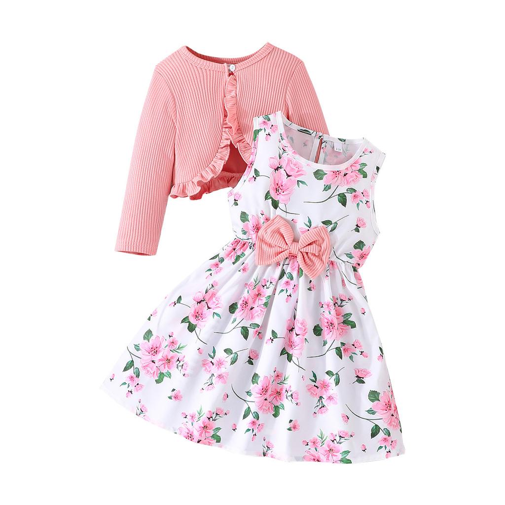 Children's 2-8Y Skirts Spring and Autumn Models Baby Colorful Halter Dress + Solid Color Jacket Fashion Baby Suit