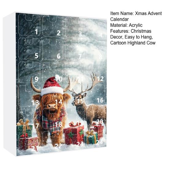 Адвент-календарь с изображением коровы из Хайленда, рождественское подвесное украшение, акриловый мультяшный адвент-календарь с изображением коровы из Хайленда для украшения каминной полки на дереве