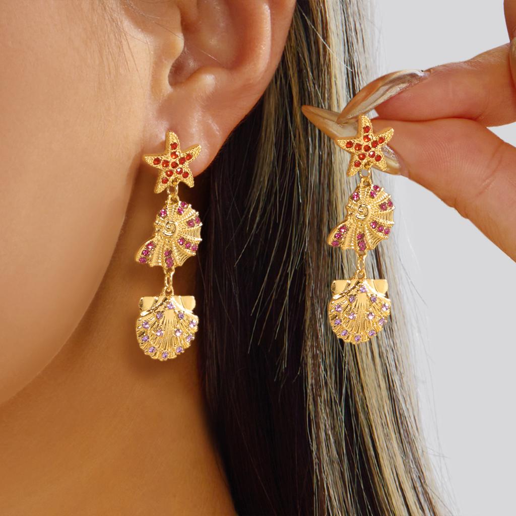 Bohemia Gold Color Metal Starfish Long Tassel Drop Earrings for Women Crystal Zircon Conch Shell Scallops Earring Beach Jewelry