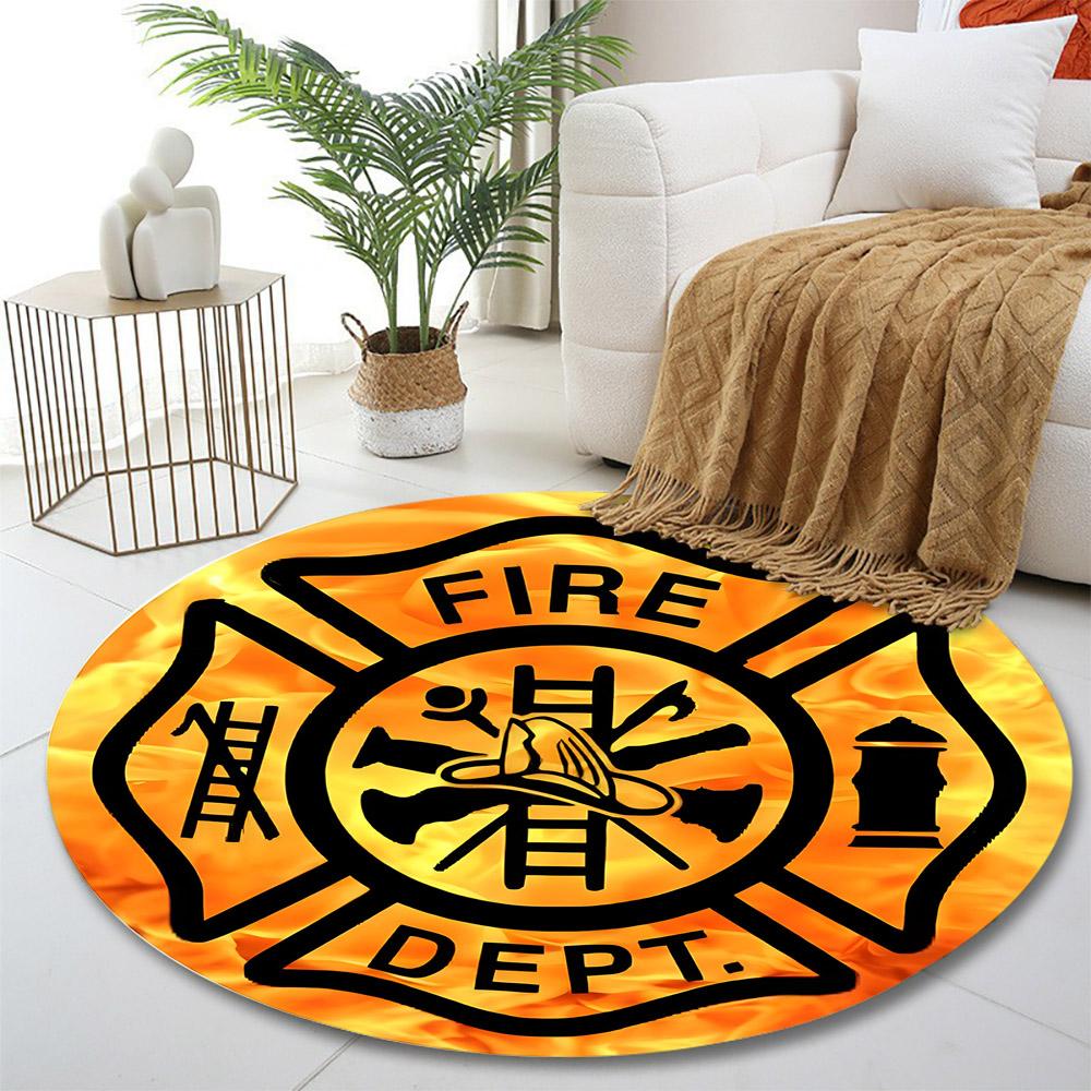 Firefighter Badge with Flame Design Print round rug, living room, bedroom, playroom carpet, non slip floor mat, gift