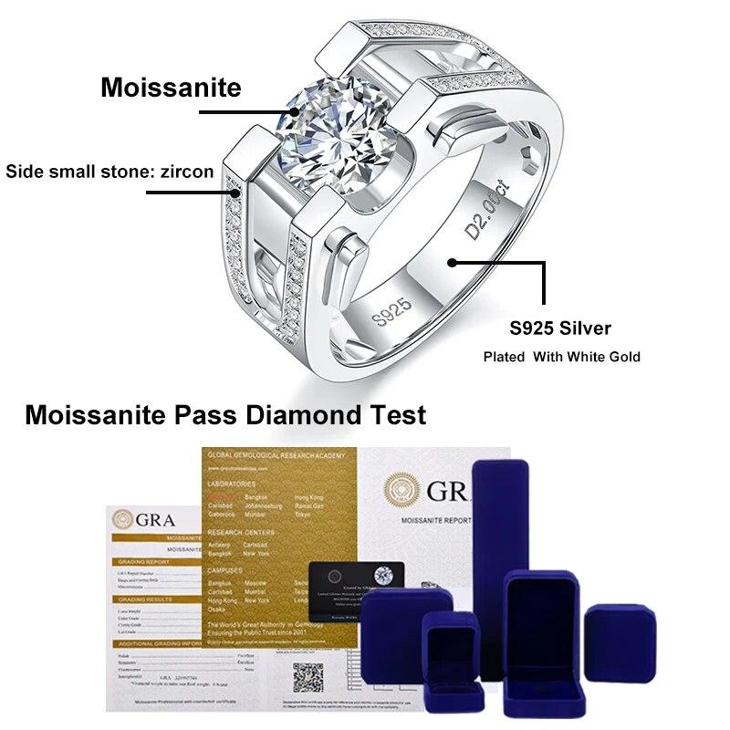 2ct D Цвет Муассанит Обручальное Кольцо Для Мужчин Стерлингового Серебра 925 пробы с Позолоченными 18 К Обручальные Кольца Изысканные Ювелирные Изделия