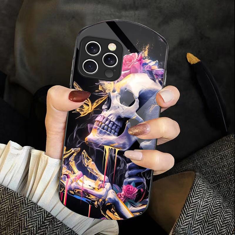 Цветок Череп Скелета Для IPhone 16 Pro Max 11 12 Mini 13 14 P Lus 15 Plus 7 8 Se 2020 X Xs Эллиптический Закаленный Стеклянный Чехол Для Телефона