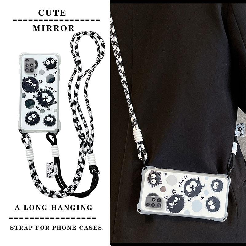 KEYSION Crossbody Strap Phone Case for Samsung A51 4G Cute Cartoon Long Lanyard Mirror Shockproof Cover for Galaxy A51
