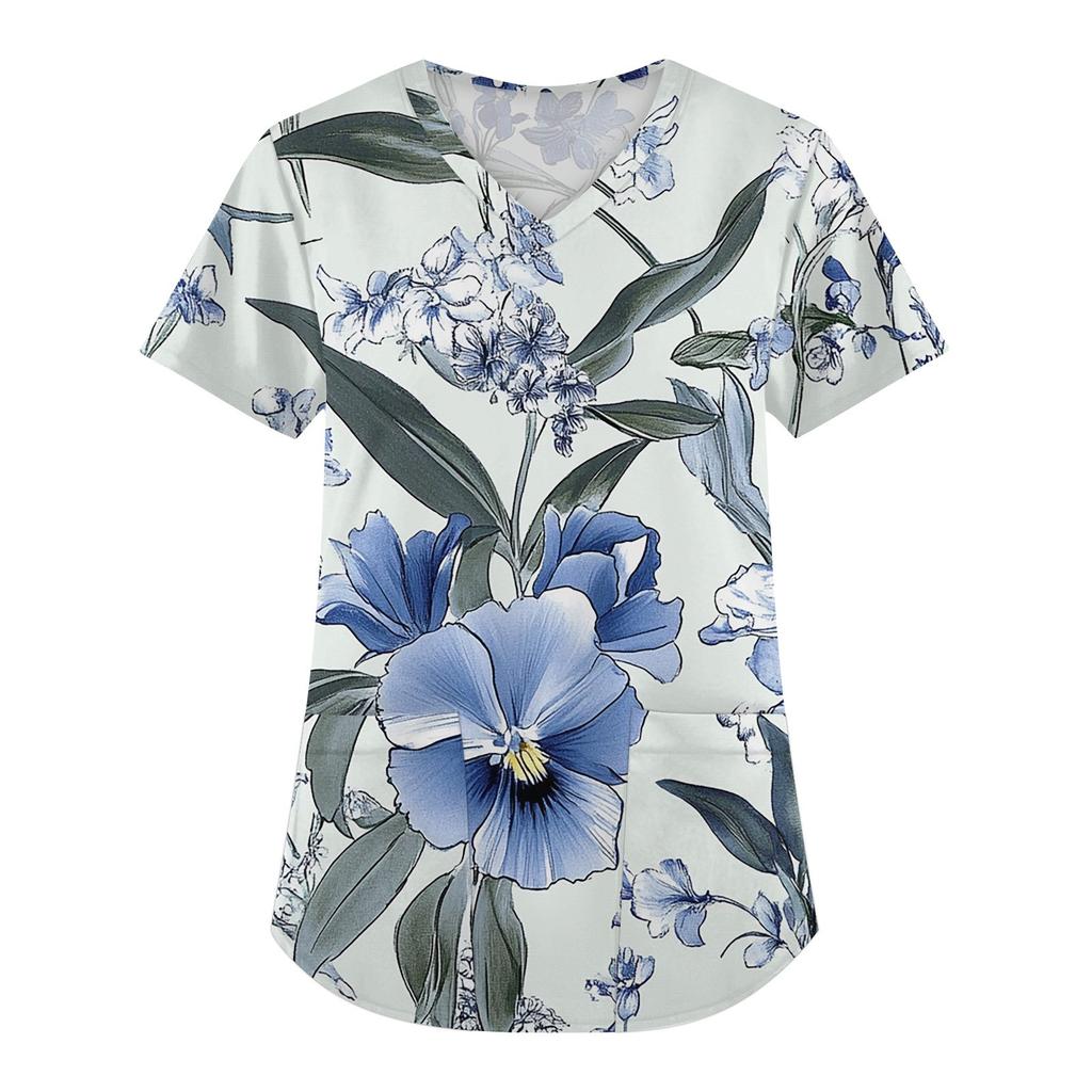 Женская мода с коротким рукавом и V-образным вырезом с карманами и цветочным принтом Топы Одежда