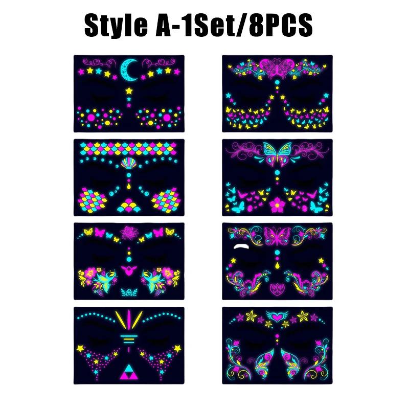 New Glow The Dark Tattoos Stickers Fake Face Temporary Tattoos Makeup UV Neon Floral Body Paint Tattoo Stickers Decorations
