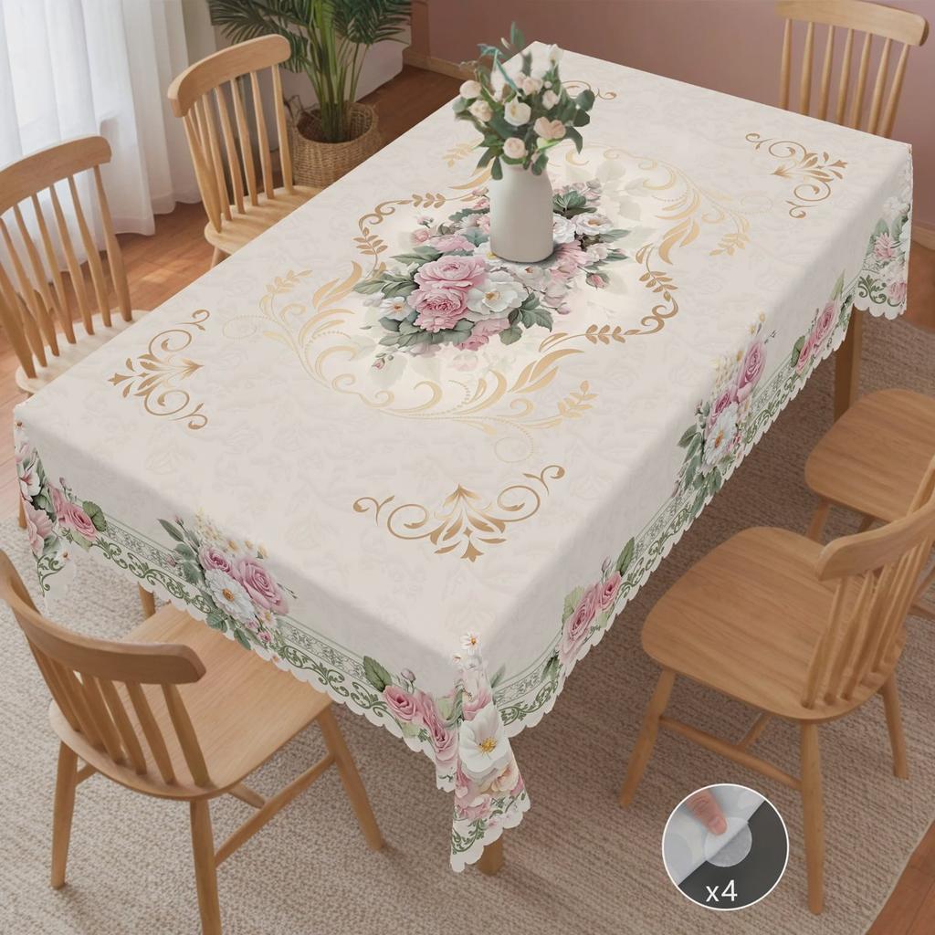 Elegant Romantic Floral Print Tablecloth in Vintage Beige Rose and Daisy Pattern, Round and Rectangular Options