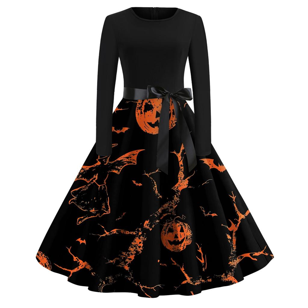 Платье-клеш с принтом на Хэллоуин для женщин с длинным рукавом, повседневные платья с круглым вырезом и ажурной отделкой