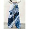 Blue and white marble-patterned wide-leg sports pants with gold accents. Women's casual comfortable long pants