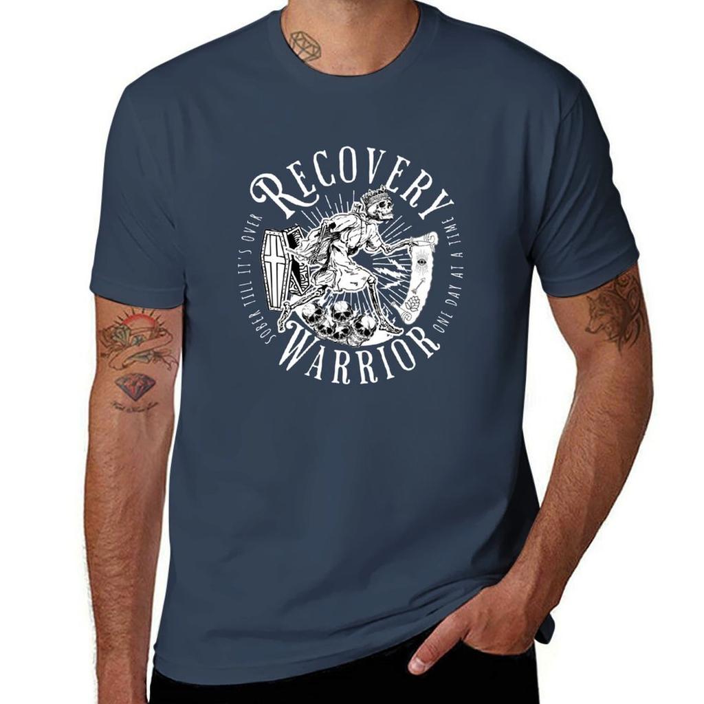 Recovery Warrior One Day At A Time Sober Till Its Over Skeleton Design Tshirt Simple Casual Short Sleeve Cotton Tshirt