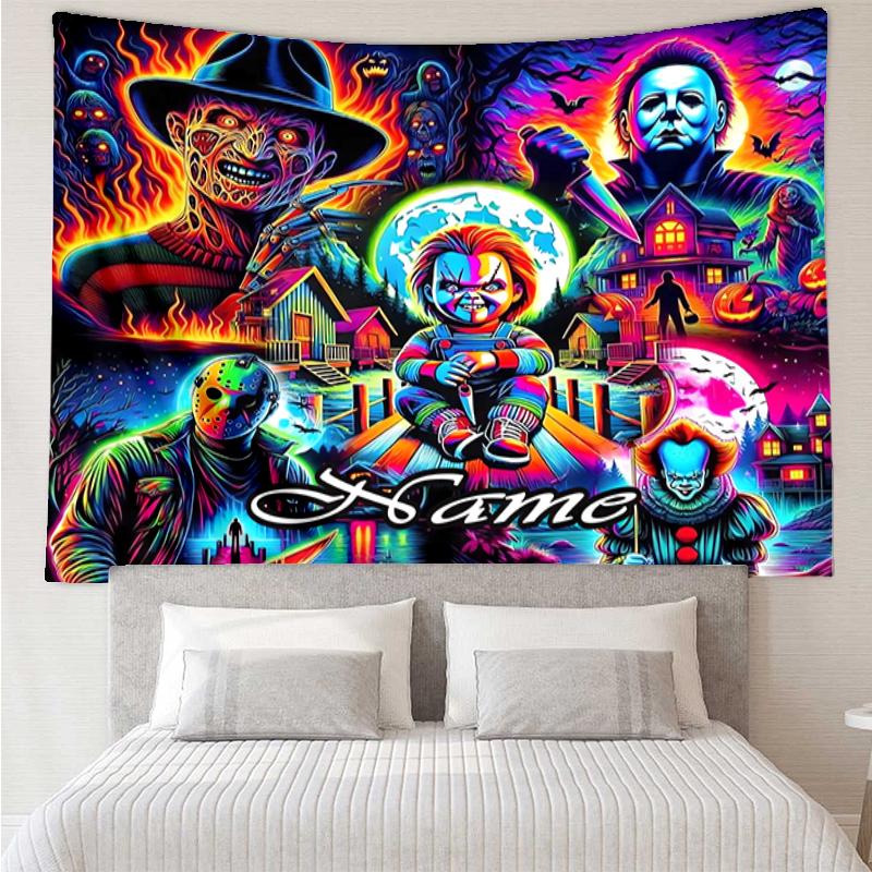 Custom Name Halloween horror Print Tapestry, Backdrop, Easy Setup, Ideal for Bedroom, Office & Living Room, with Aesthetic Wall Hanging Decor.