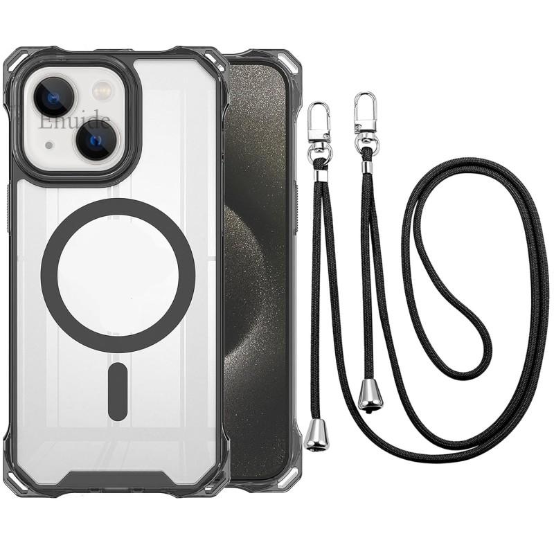 Shockproof Strap Case For iPhone 16 15 13 12 17 14 Pro Max Plus 16E Magnetic Crossbody Lanyard Cord Transparent Clear Back Cover