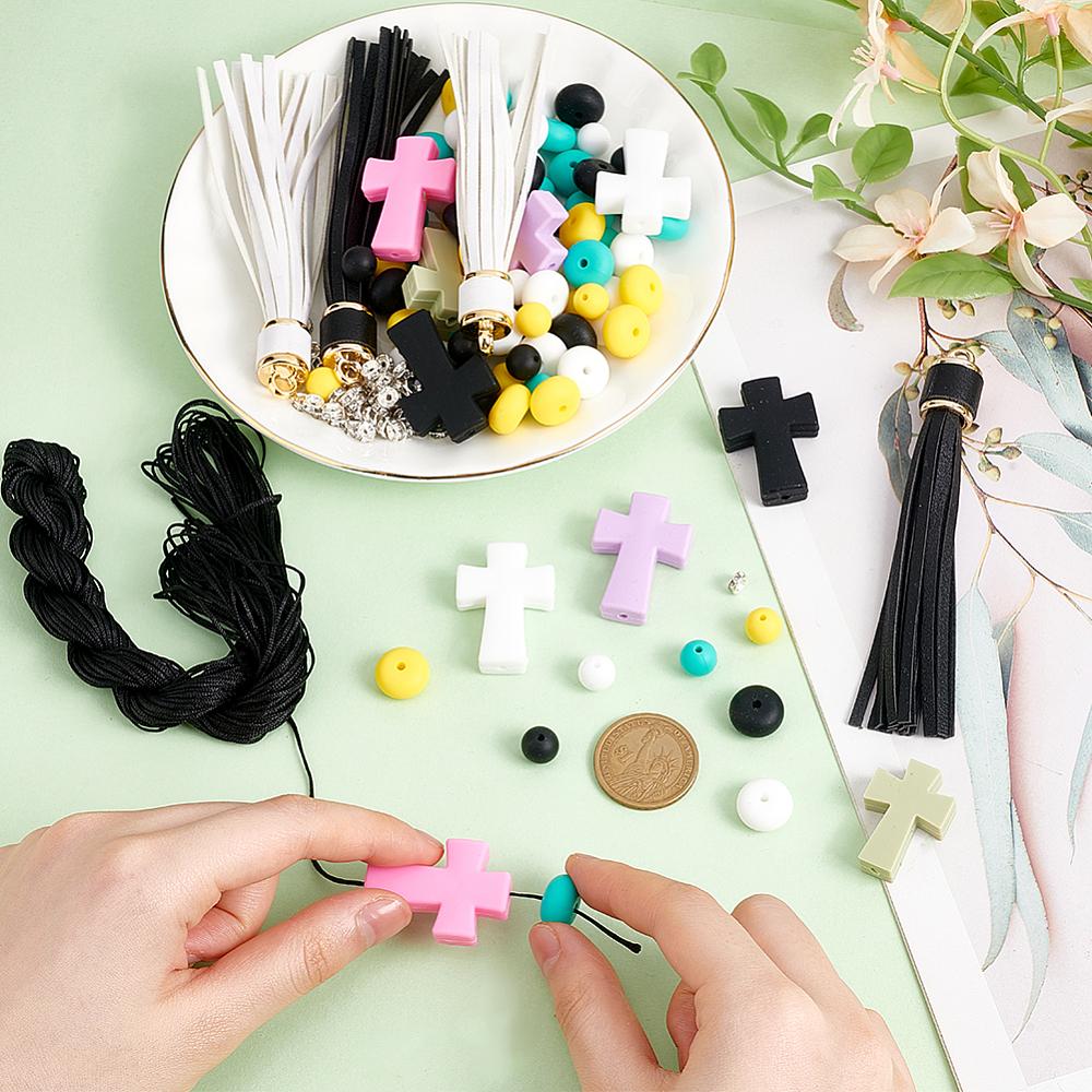 1set DIY Jewelry Making Kit Including Silicone Beads PU Imitation Leather Big Tassel Pendants Nylon Thread Nylon String Mixed Color 6~109x1~25x1~9mm
