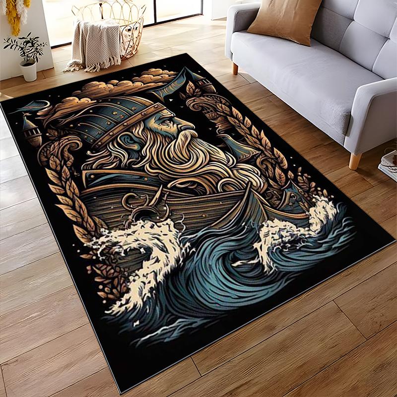 Viking Warrior Design Carpet with Ocean Waves and Nordic Style Pattern Suitable for use as an anti-slip for living room bedroom sofas