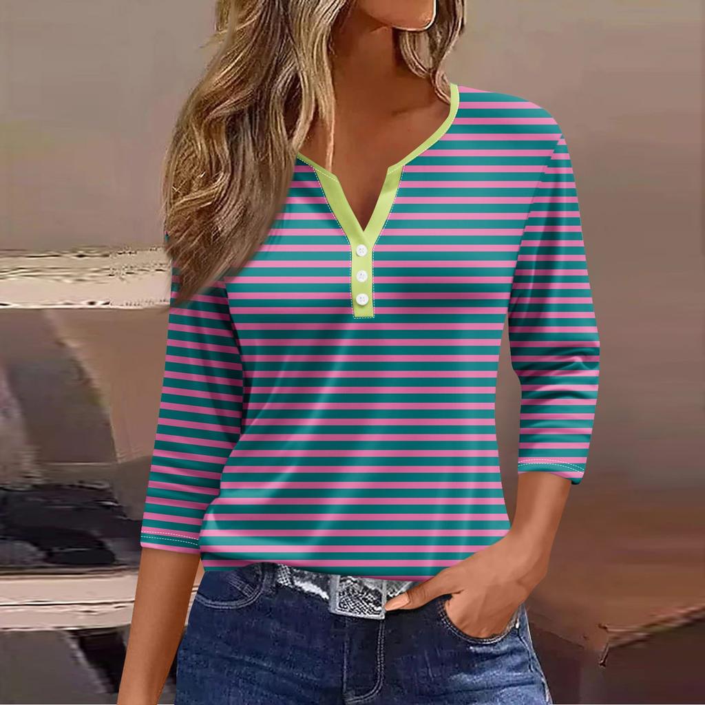 Жен. Футболка Футболка С принтом Пуговицы Рукав 3/4 Повседневные Выходные Мода Классический V-образный вырез Обычный Топ