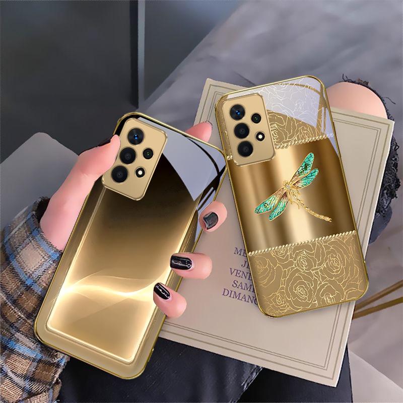 Разноцветные стрекозы Для Samsung A 01 52S A04 A05S A10 A12 A13 22 23 24 36 42 M02 Note 10 20Ultra 8 9 Золотой стеклянный чехол для телефона