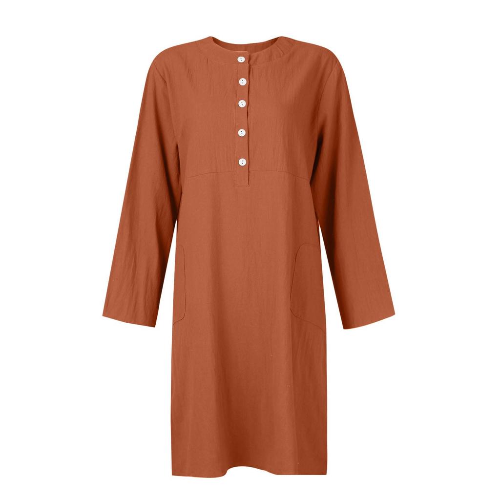 Женское большое свободное однотонное хлопковое льняное платье с круглым вырезом и короткими рукавами с карманами и пуговицами