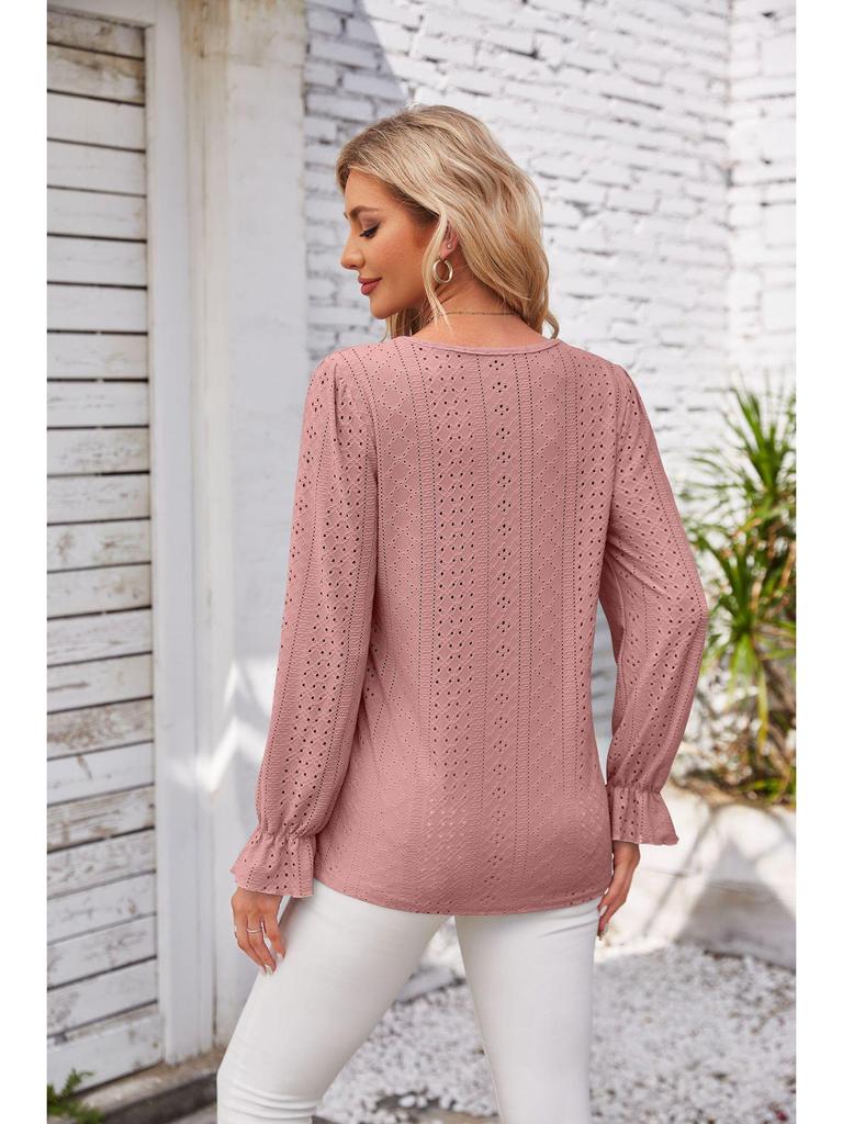 2024 Women's Solid Color V-Neck Long Sleeve Casual Loose T-Shirt