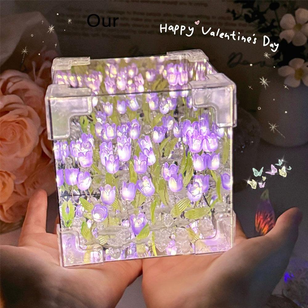 DIY Тюльпан Зеркальный Куб Лампа Имитация Цветка Спальня Спальная Настольная Лампа Ручной Работы Тюльпаны Зеркало Ночник Подарок На День Рождения