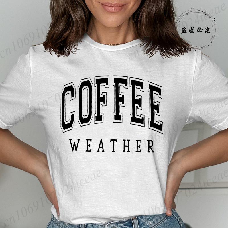 Coffee Weather Retro Letters Tshirt for Women Short Sleeve Round Neck Loose Large Size Casual Top Oversized TShirts Clothing