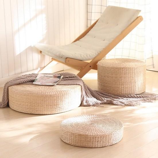 Tatami Cushion Natural Straw Hand Woven Meditation Japanese-style Household Padded Round Pouf for Garden