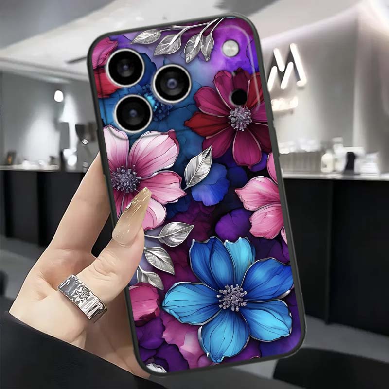 Чехол для телефона с узором «Цветок бабочки» для Apple iPhone 17 16 16E 15 14 13 12 11 Pro Max Plus Черный Мягкий Силикон
