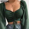 WTEMPO Women's V-Neck Off-Shoulder Blouses Summer Drawstring Bandage Long Sleeve Tops Ladies Korean Fashion Short Clothes