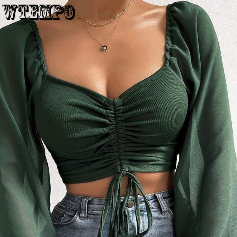 WTEMPO Women's V-Neck Off-Shoulder Blouses Summer Drawstring Bandage Long Sleeve Tops Ladies Korean Fashion Short Clothes