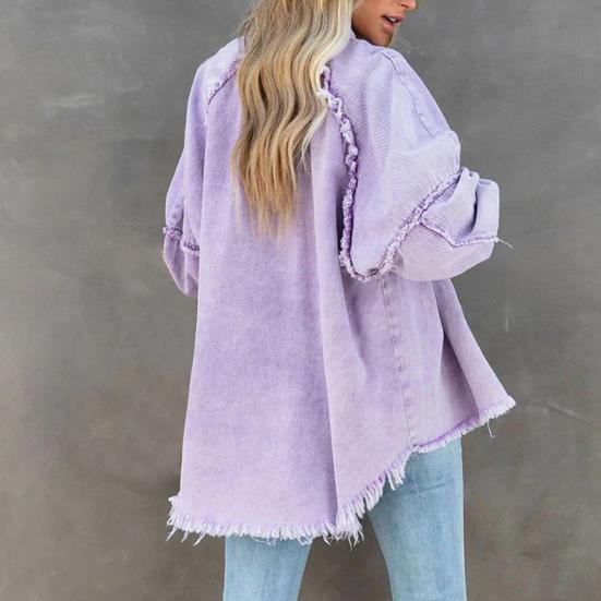 Женская джинсовая куртка с отложным воротником и пуговицами на подоле с бахромой, большой карман, однотонный, свободный, негабаритный, женское пальто средней длины, уличная одежда