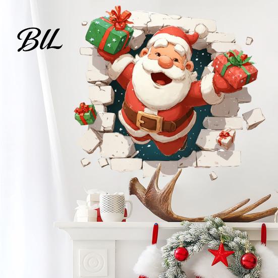 Seasonal Wall Art 3D Santa Claus Christmas Decals, Break Through Reindeer Removable PVC Window Stickers, Winter Holiday Decorations for Living