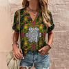 Retro Print Women's T Shirt Classic Floral Tees For Ladies Summer V-Neck Short Sleeve Tops Female Oversized Clothes Daily Blouse