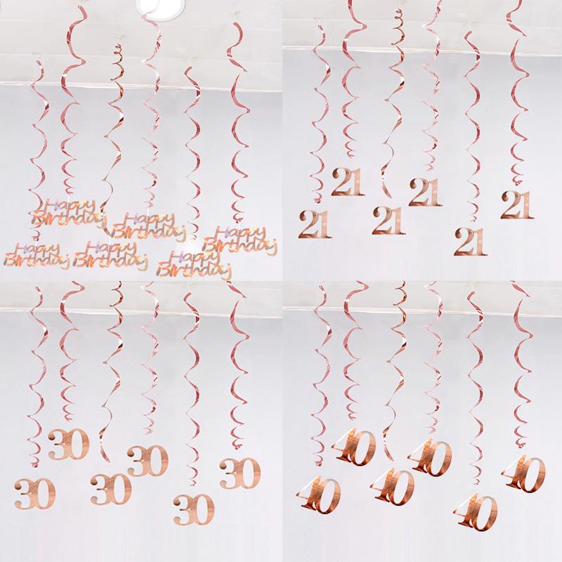 6Pcs/lot Happy Birthday Swirls Decoration 16 20 21 30 40 50 60 70 Years Rose Gold PVC Birthday Party Decorations Supplies