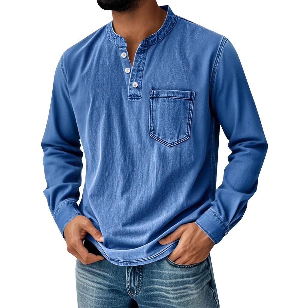 Мужская футболка-henley с длинным рукавом Винтажная стираная джинсовая повседневная топ на пуговицах с круглым вырезом свободного кроя Повседневная уличная одежда для мужчин