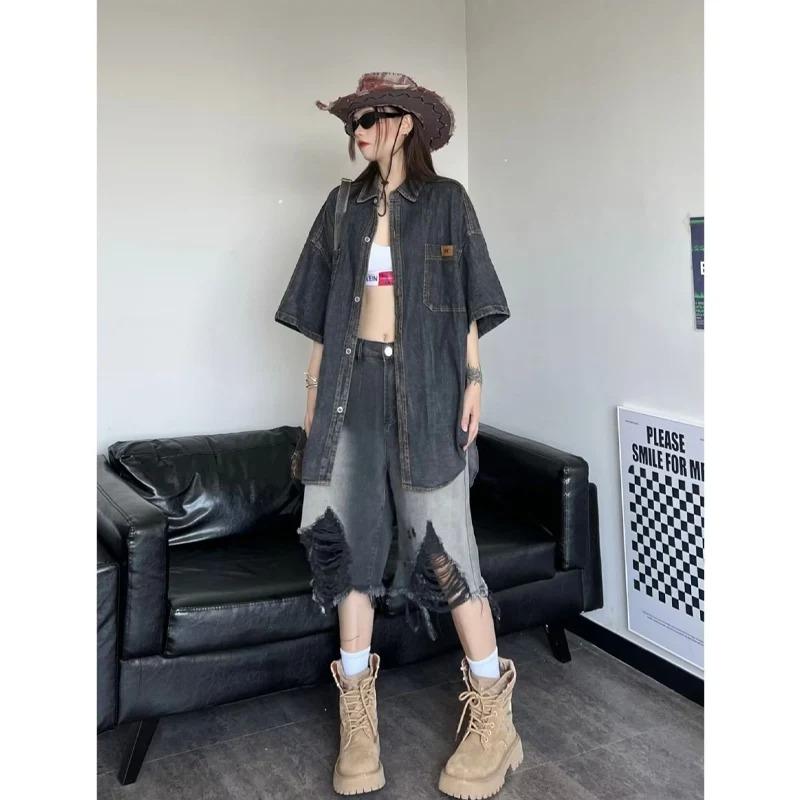 Джинсовые шорты Harajuku с дырками Y2K Женские уличная одежда Винтажные джинсовые шорты с градиентом Американский ретро Дизайн в стиле хип-хоп Шорты