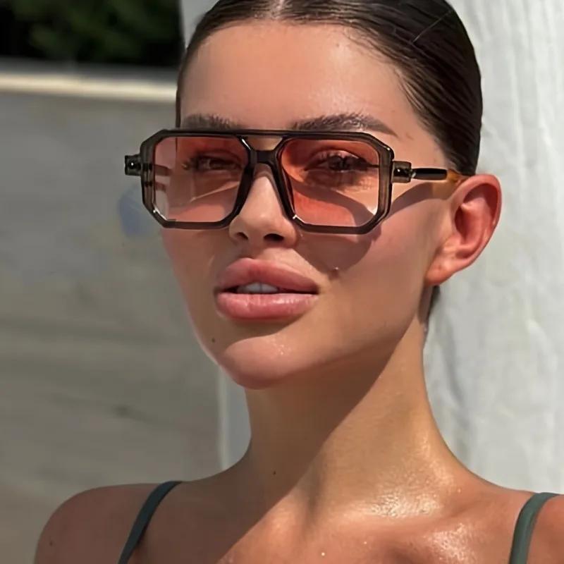 Ретро Шик Женские Квадратные Модные Очки с Розовыми Линзами для Повседневной Моды, Пляжных Прогулок и Повседневной Носки, Трендовые Очки