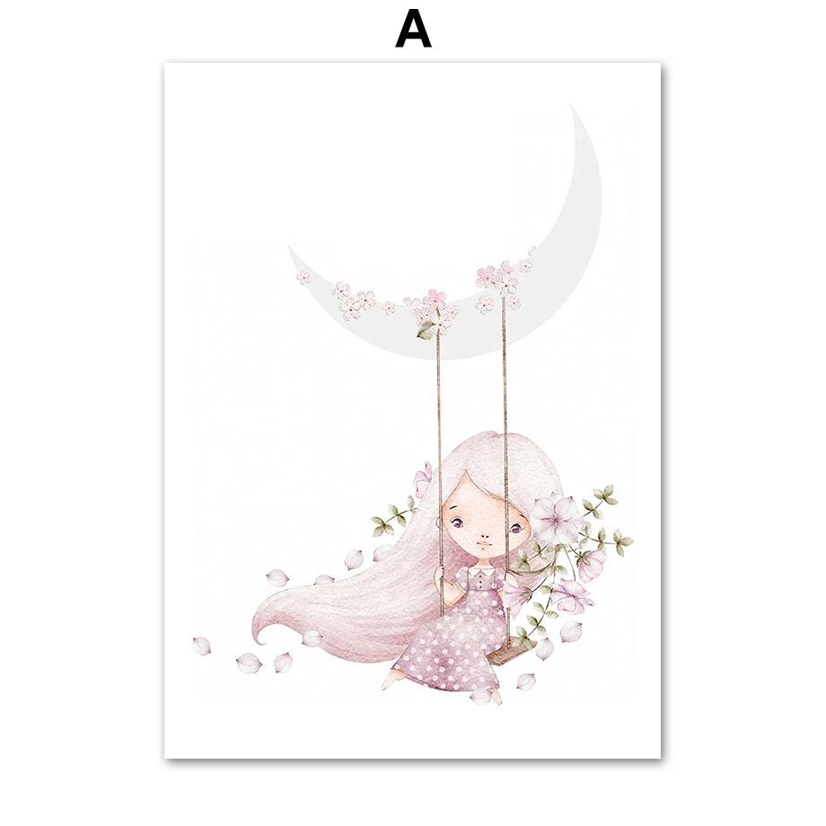 Розовый кролик для девочек, имя цветка на заказ, настенное искусство для детской комнаты, печать на холсте, картина с кроликом, постер, мультяшная картина для декора детской комнаты